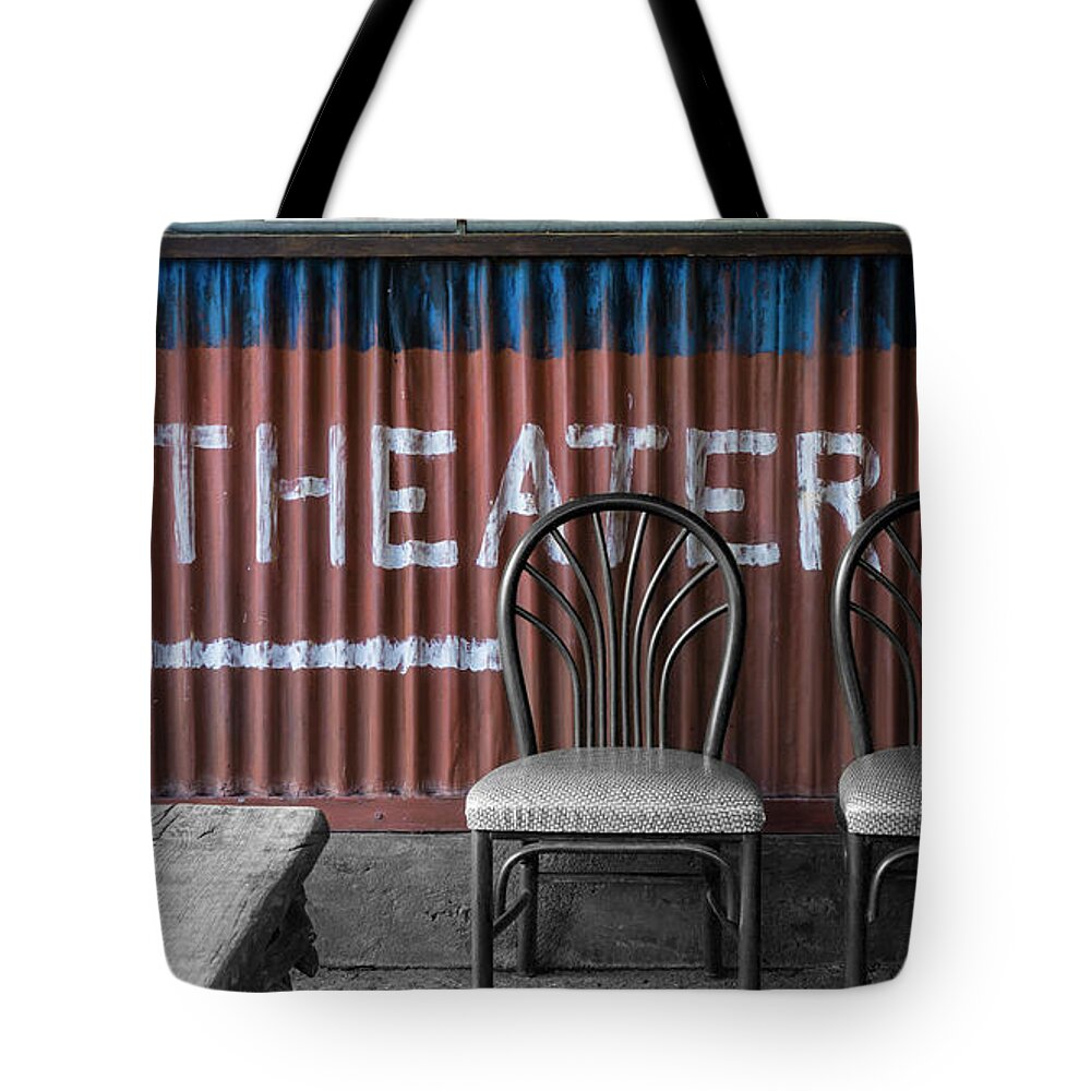 Theater Tote Bag featuring the photograph Corrugated Metal Theater Sign by Jason Fink