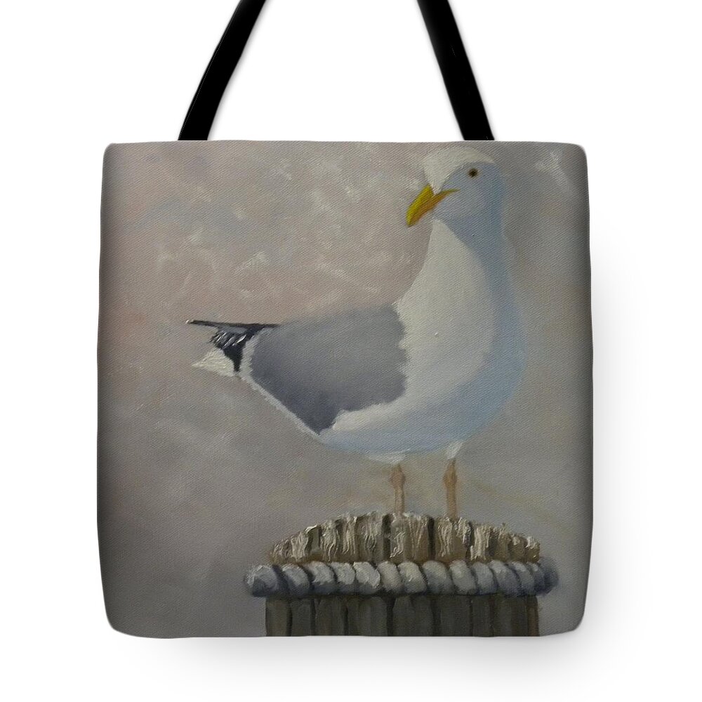 Bird Seagull Ocean Harbor Water Dock Seascape Landscape Tote Bag featuring the painting Waiting For Lunch by Scott W White