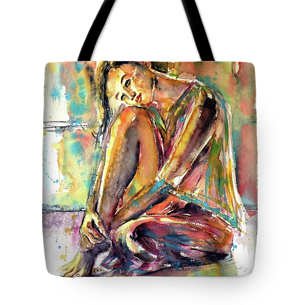 Waiting Tote Bag featuring the painting Waiting for you by Kovacs Anna Brigitta