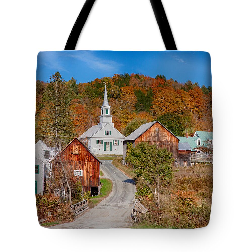 Waits River Vermont Tote Bag featuring the photograph Waits River church in autumn by Jeff Folger