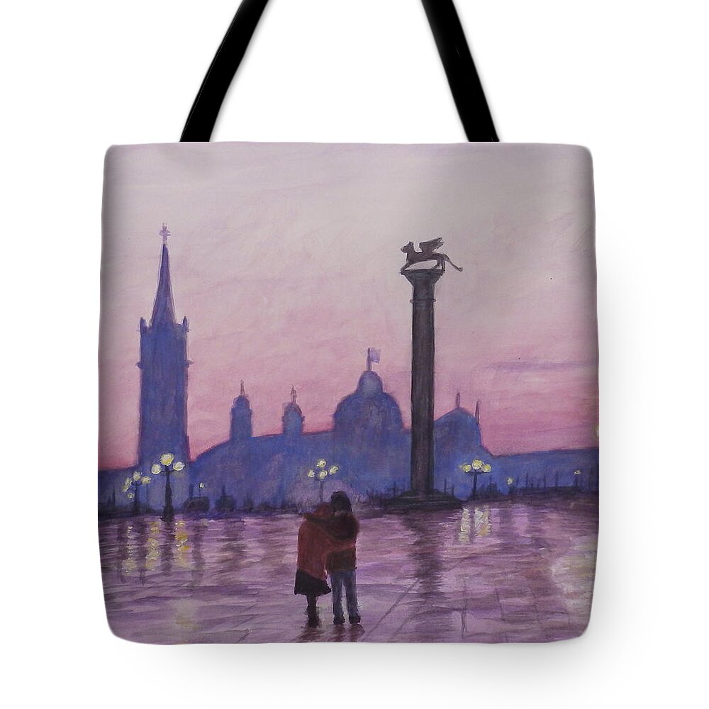 Water Tote Bag featuring the painting Walk in Italy in the rain by Dan Wagner