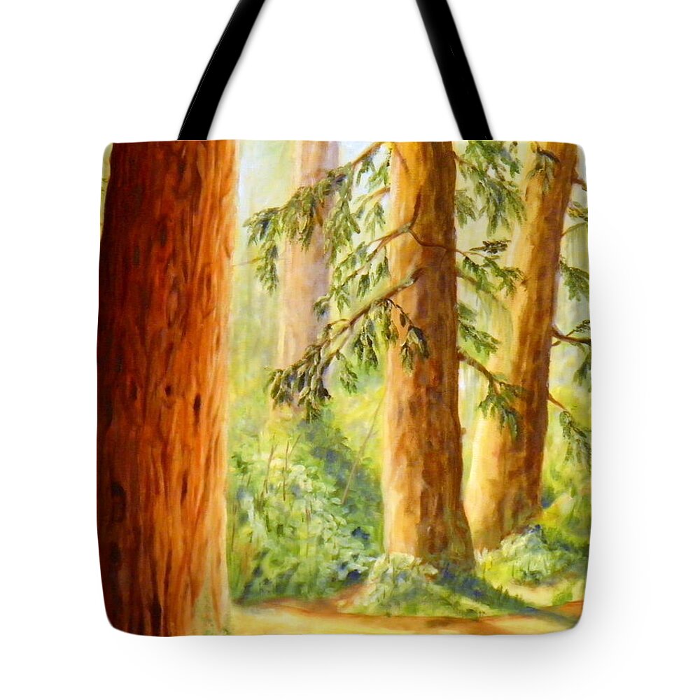 Park Woods Trees Forest Foliage Branches Bark Needles Leaves Light Shadow Green Brown Yellow Blue Orange White Moss Ground Dirt Landscape Nature Sky Tote Bag featuring the painting Walker park in summer by Ida Eriksen