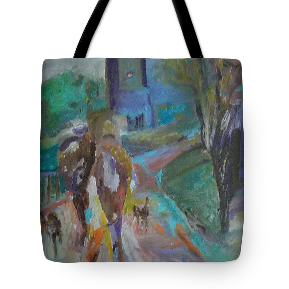 Cityscape Tote Bag featuring the painting Walkin the Dogs by Susan Esbensen