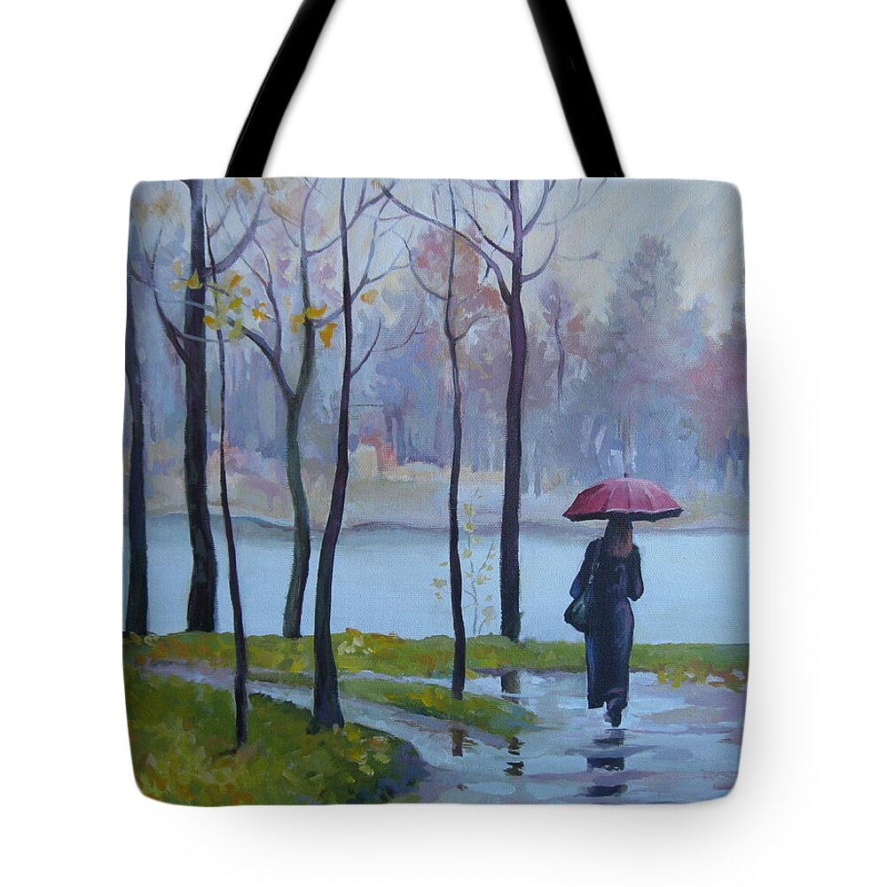 Woman Tote Bag featuring the painting Walking in the rain by Elena Oleniuc