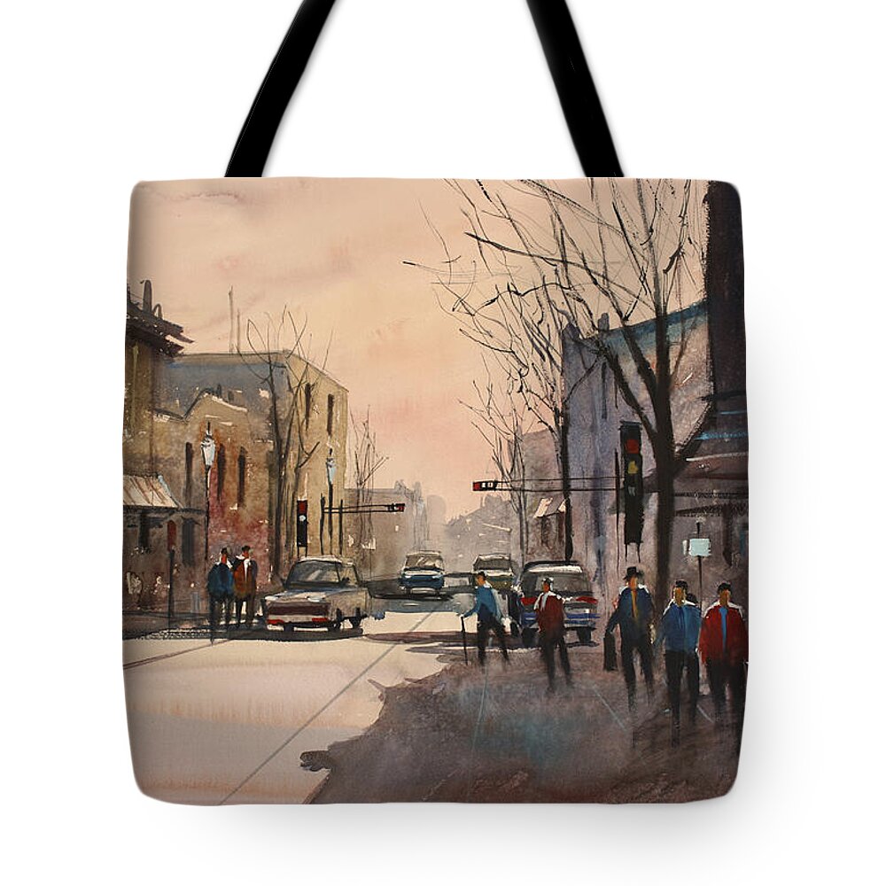 Watercolor Tote Bag featuring the painting Walking in the Shadows - Fond du Lac by Ryan Radke