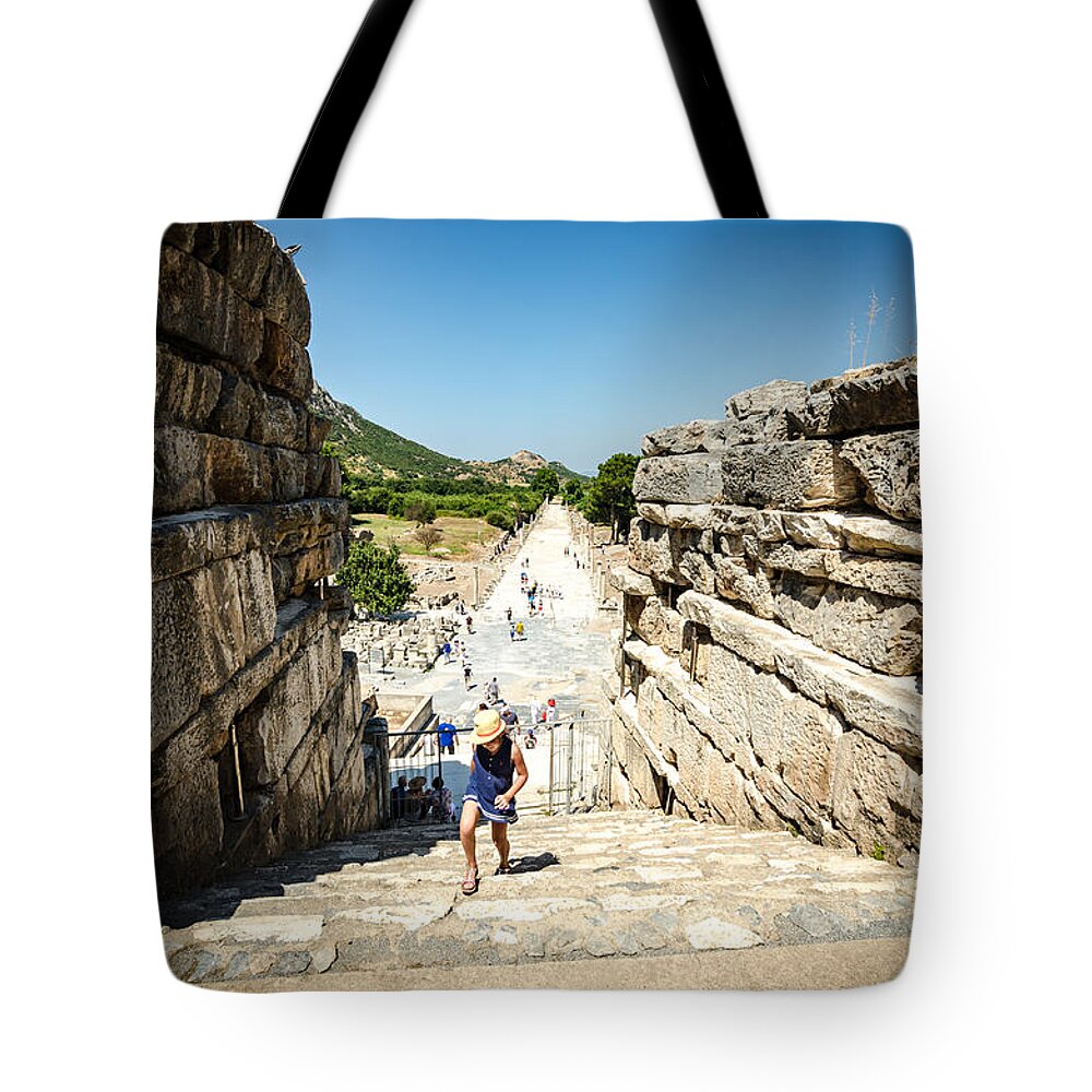 Turkey Tote Bag featuring the photograph Walking Up the Stairs in Ephesus by Anthony Doudt