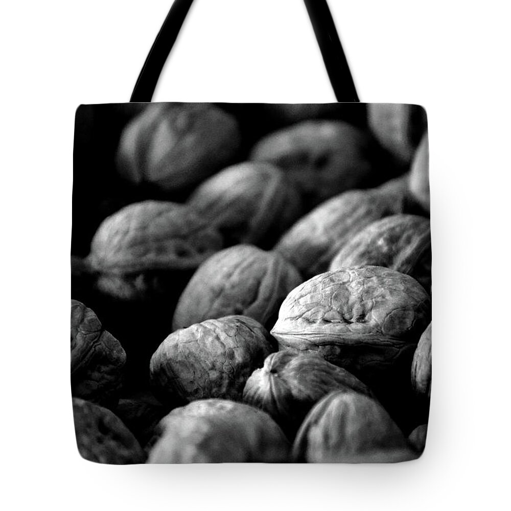 Walnuts Tote Bag featuring the photograph Walnuts Ready For Baking BW by Lesa Fine
