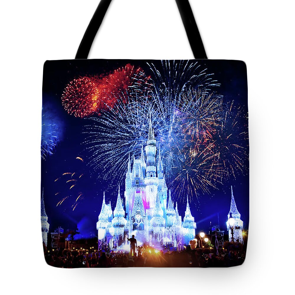 Magic Kingdom Tote Bag featuring the photograph Walt Disney World Fireworks by Mark Andrew Thomas
