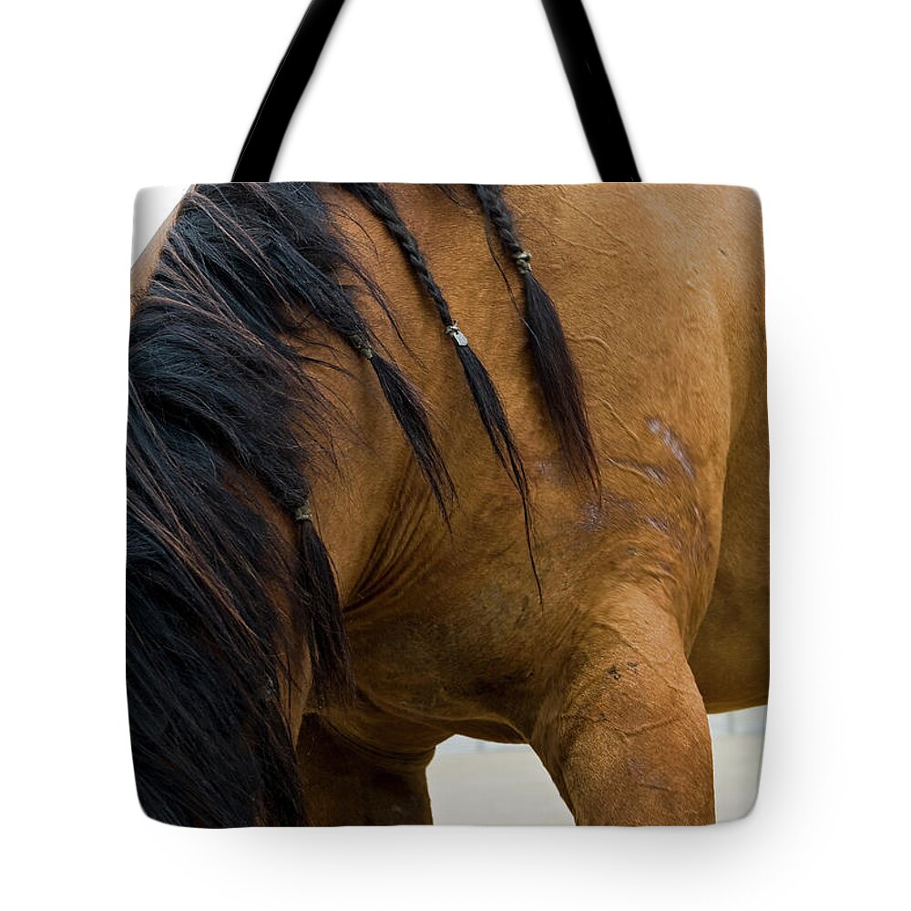 Pony Tote Bag featuring the photograph War Horse by Lorraine Devon Wilke