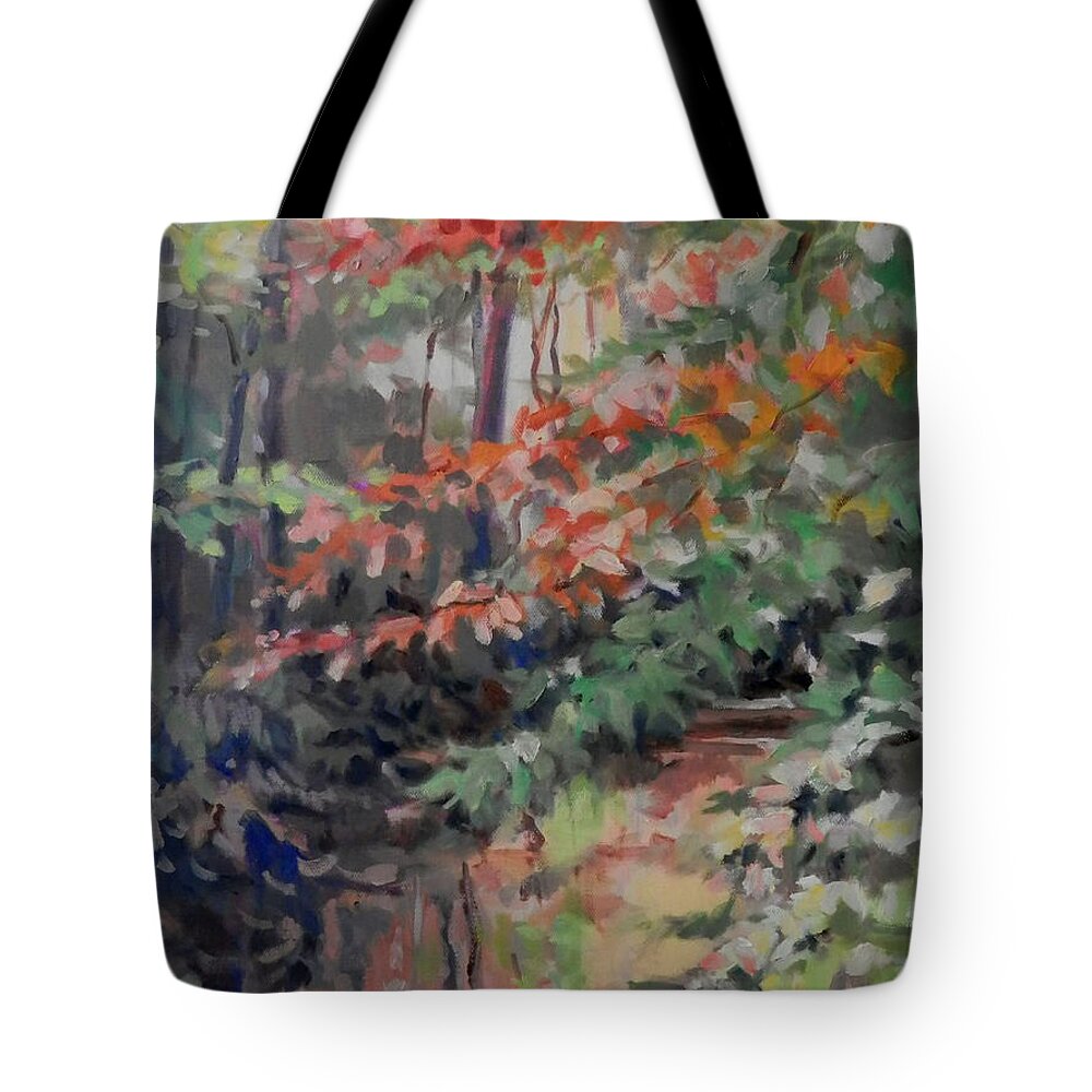 Landscape Tote Bag featuring the painting Warm Reflections Sabbath Creek by Martha Tisdale