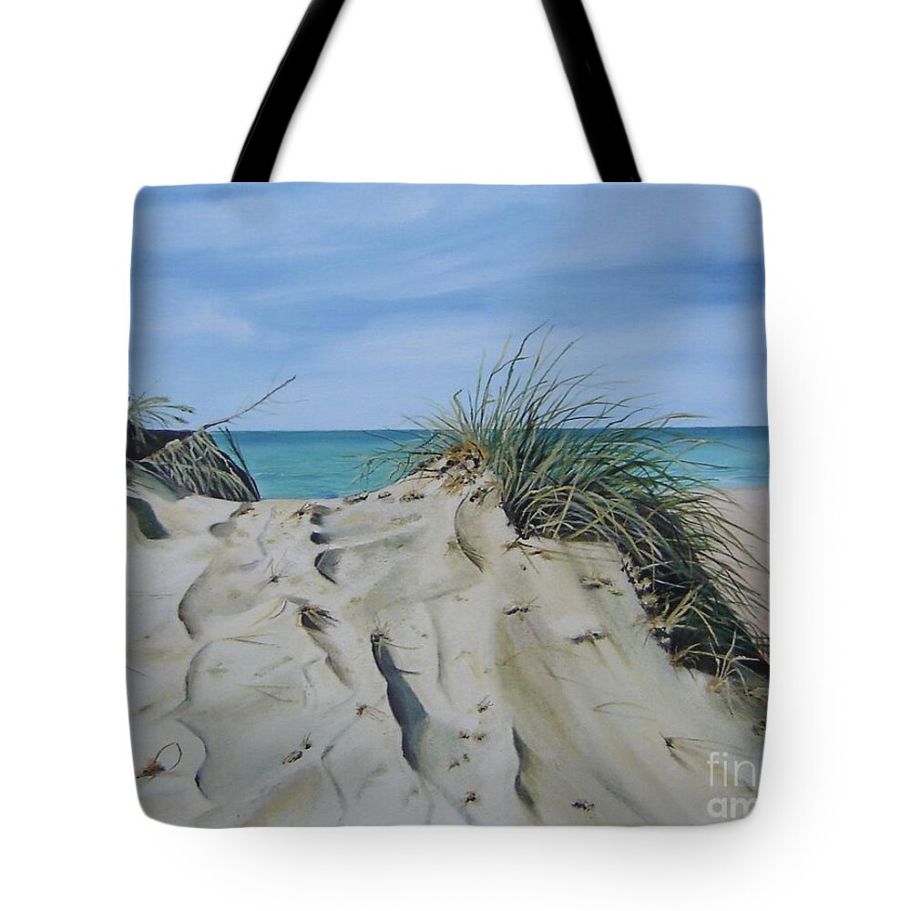 Lake Tote Bag featuring the painting Warren Dunes by Mary Rogers