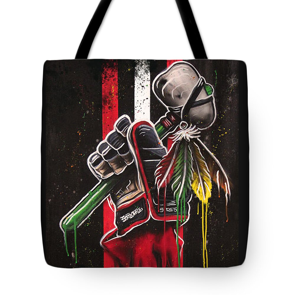 Chicago Blackhawks Tote Bag featuring the mixed media Warrior Glove on Black by Michael Figueroa