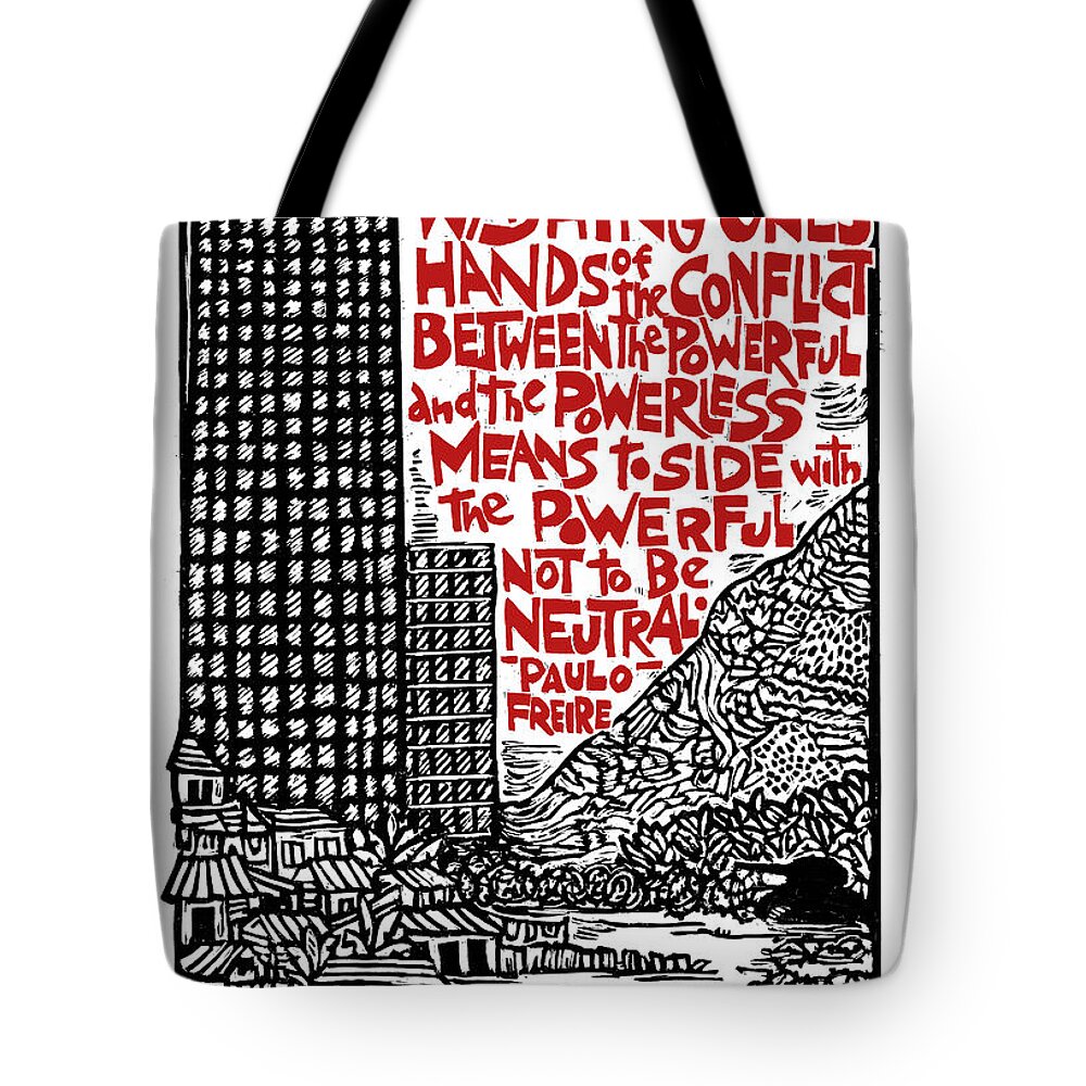 Paulo Freire Tote Bag featuring the mixed media Washing Ones Hands by Ricardo Levins Morales