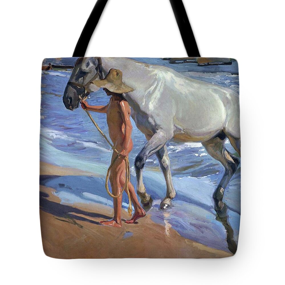 Sorollas Tote Bag featuring the painting Washing the Horse by Juaquin Sorolla