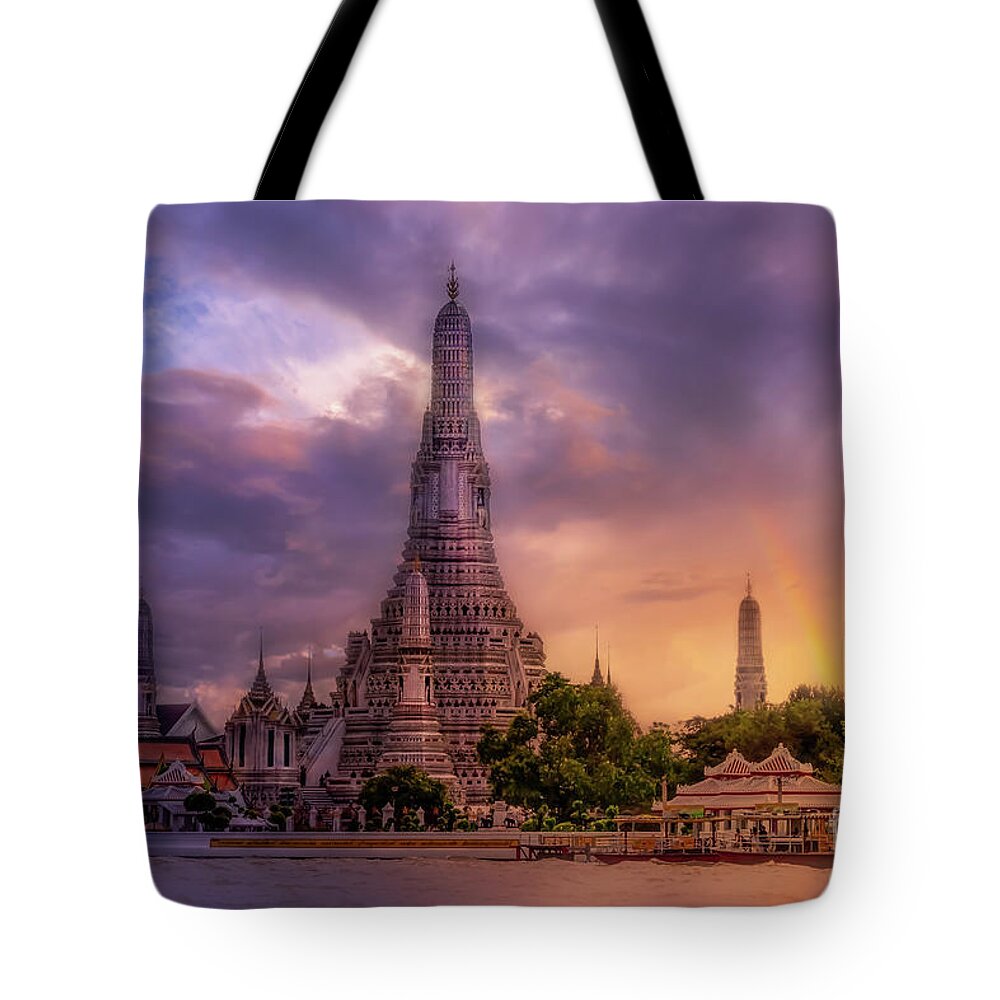 Chao Phraya River Tote Bag featuring the photograph Wat Arun in Bangkok, Thailand by Liesl Walsh