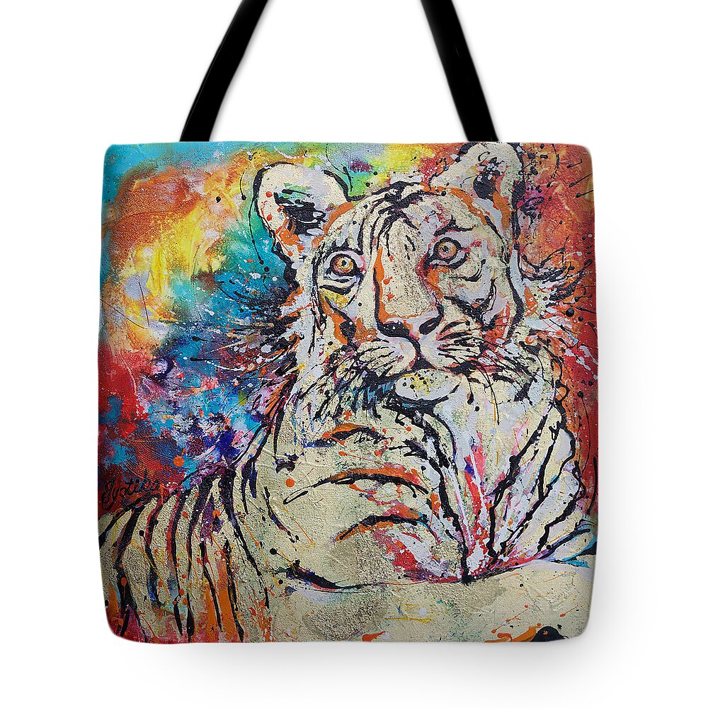 Tiger Tote Bag featuring the painting Watchful Tigeress by Jyotika Shroff