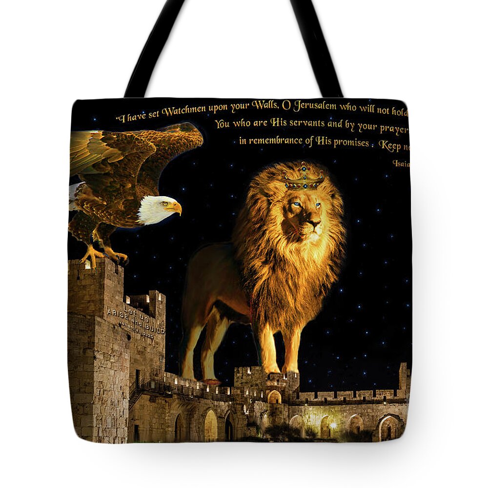 King Tote Bag featuring the digital art Watchman Eagle and Lion by Constance Woods