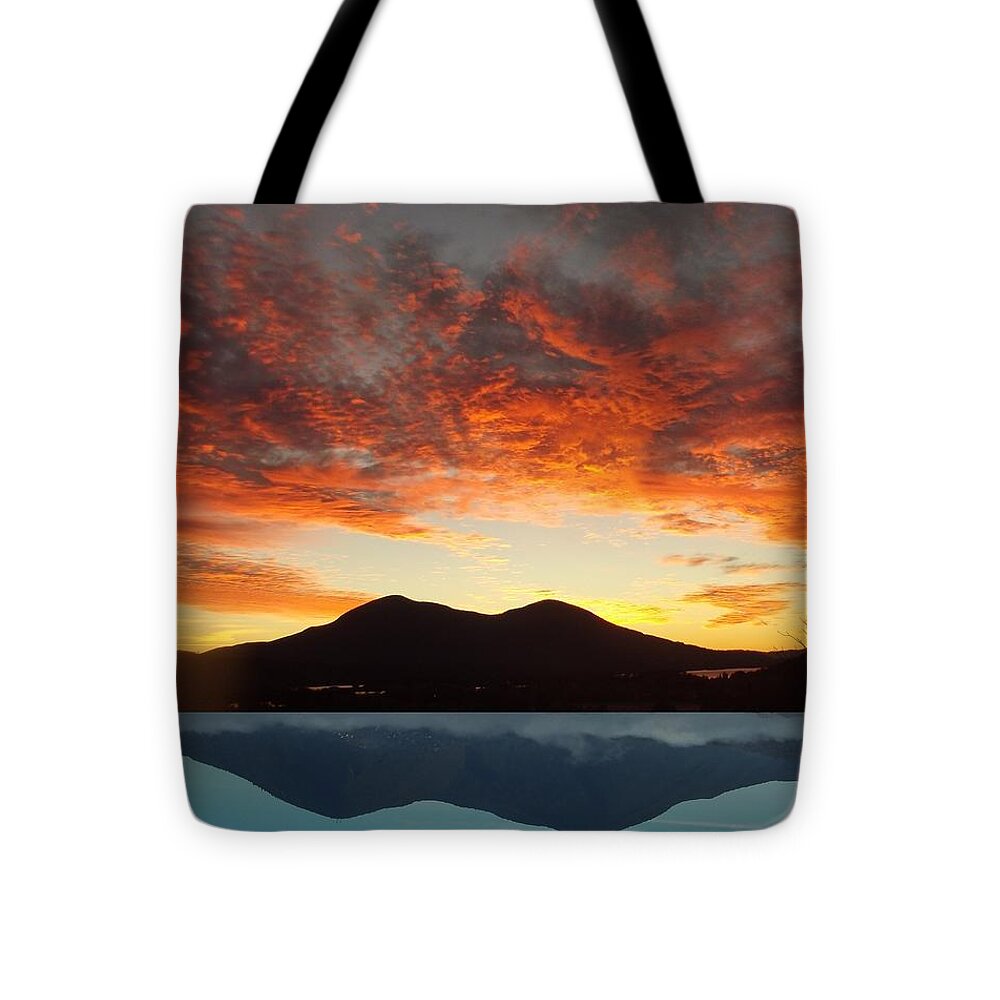 Landscape Sunset Volcano And Lake Tote Bag featuring the photograph Water And Fire by Andrew Drozdowicz