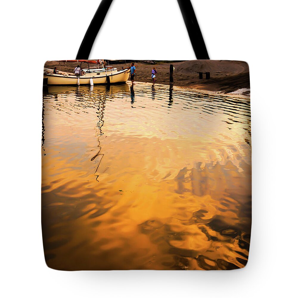 Beach Tote Bag featuring the photograph Water Into Gold by Ronda Broatch