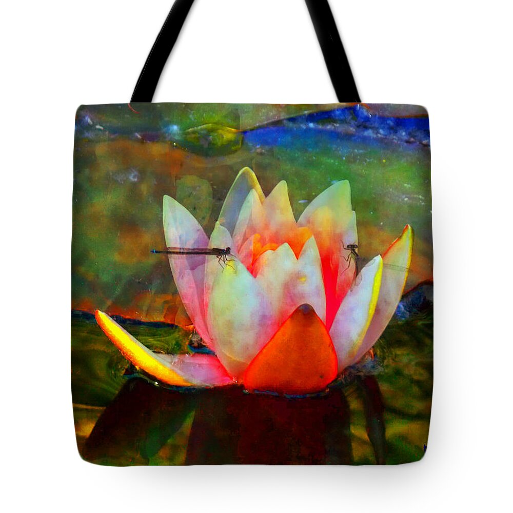 Lily Tote Bag featuring the photograph Water Lily with Young Dragonflies I by Anastasia Savage Ealy
