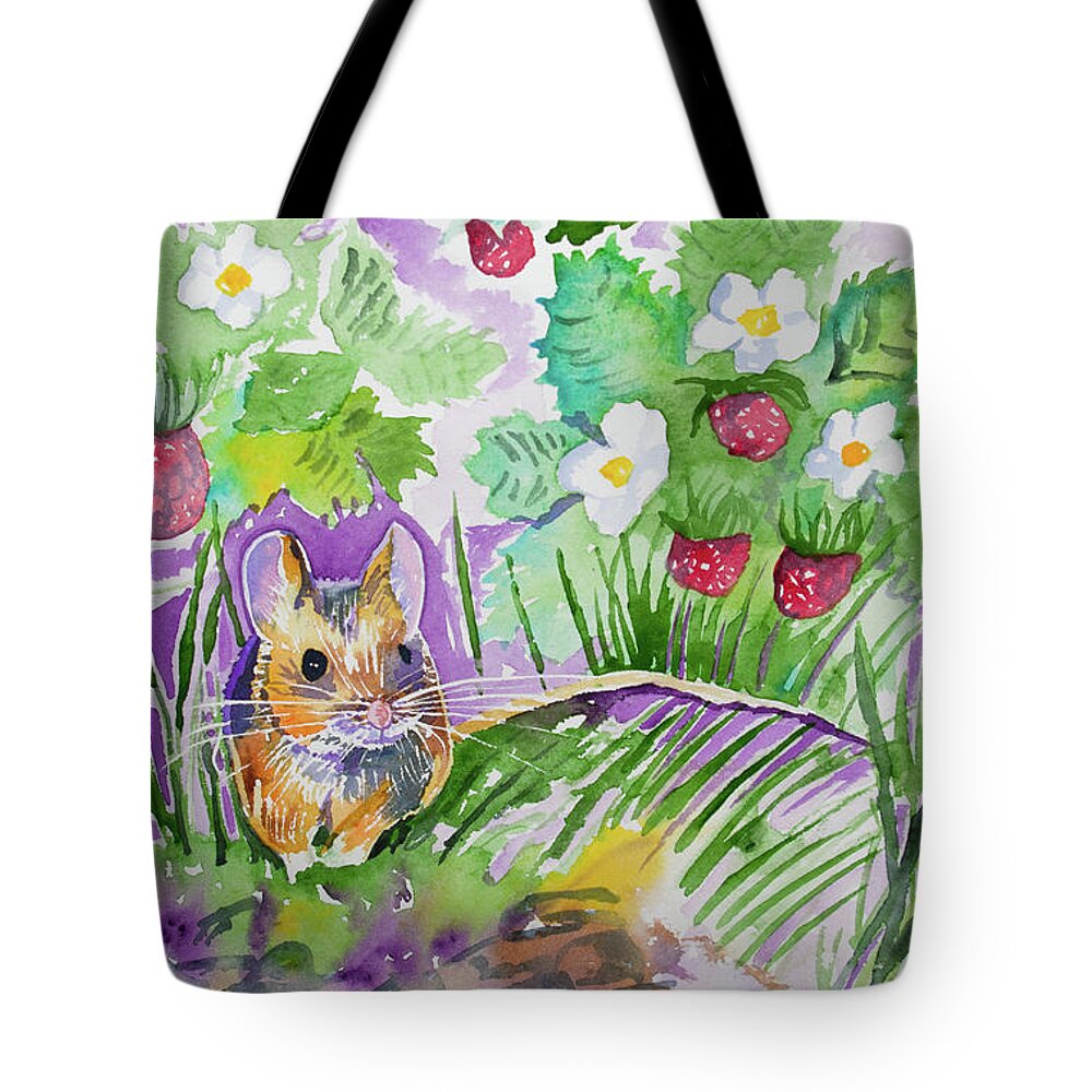 Field Mouse Tote Bag featuring the painting Watercolor - Field Mouse with Wild Strawberries by Cascade Colors