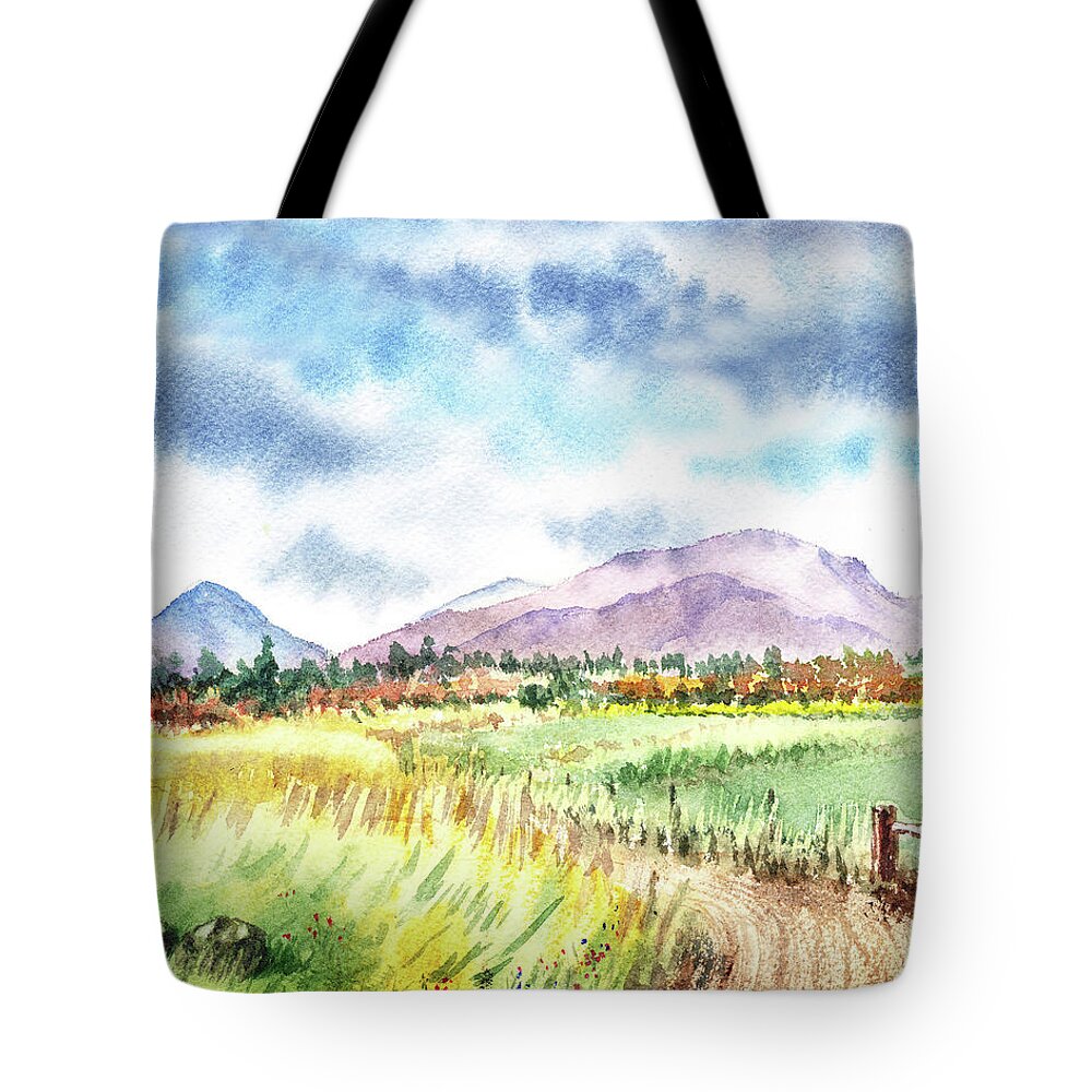 Mountains Tote Bag featuring the painting Watercolor Landscape Path To The Mountains by Irina Sztukowski