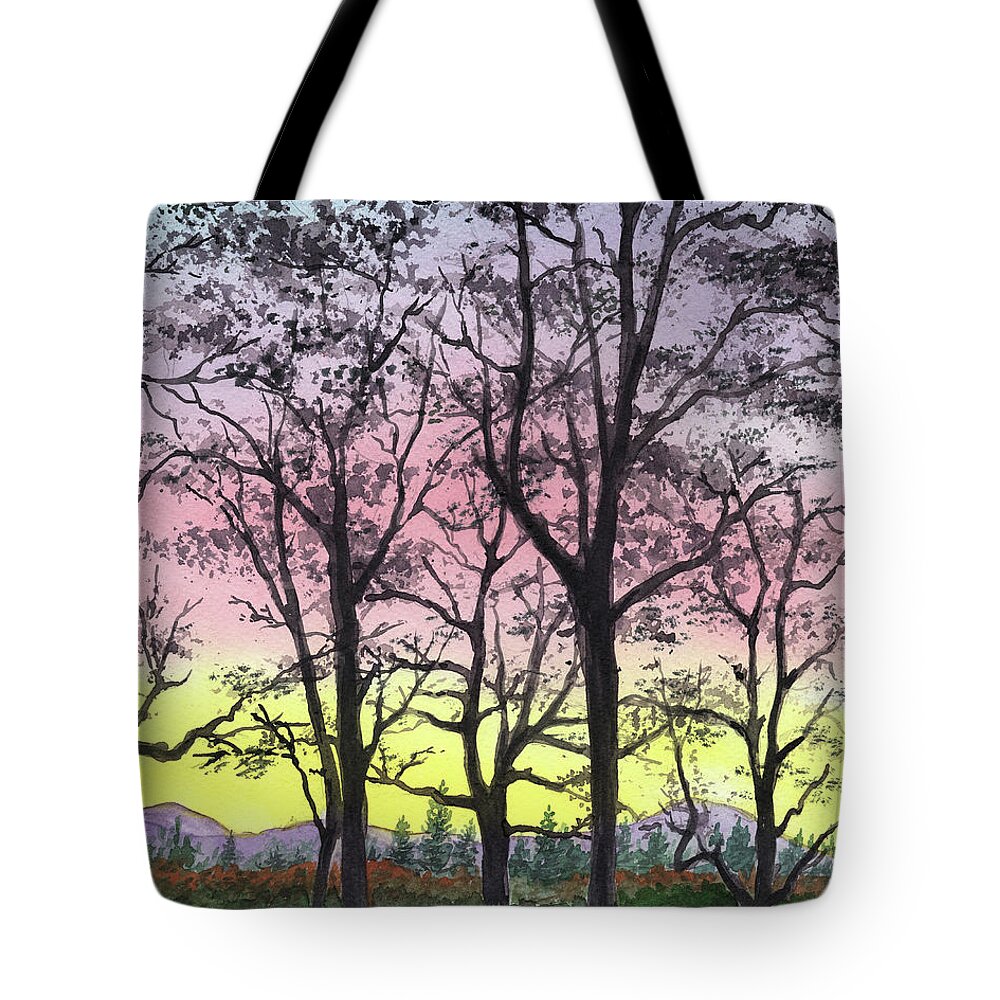 Sunrise Tote Bag featuring the painting Watercolor Landscape Sunrise In The Mountains by Irina Sztukowski