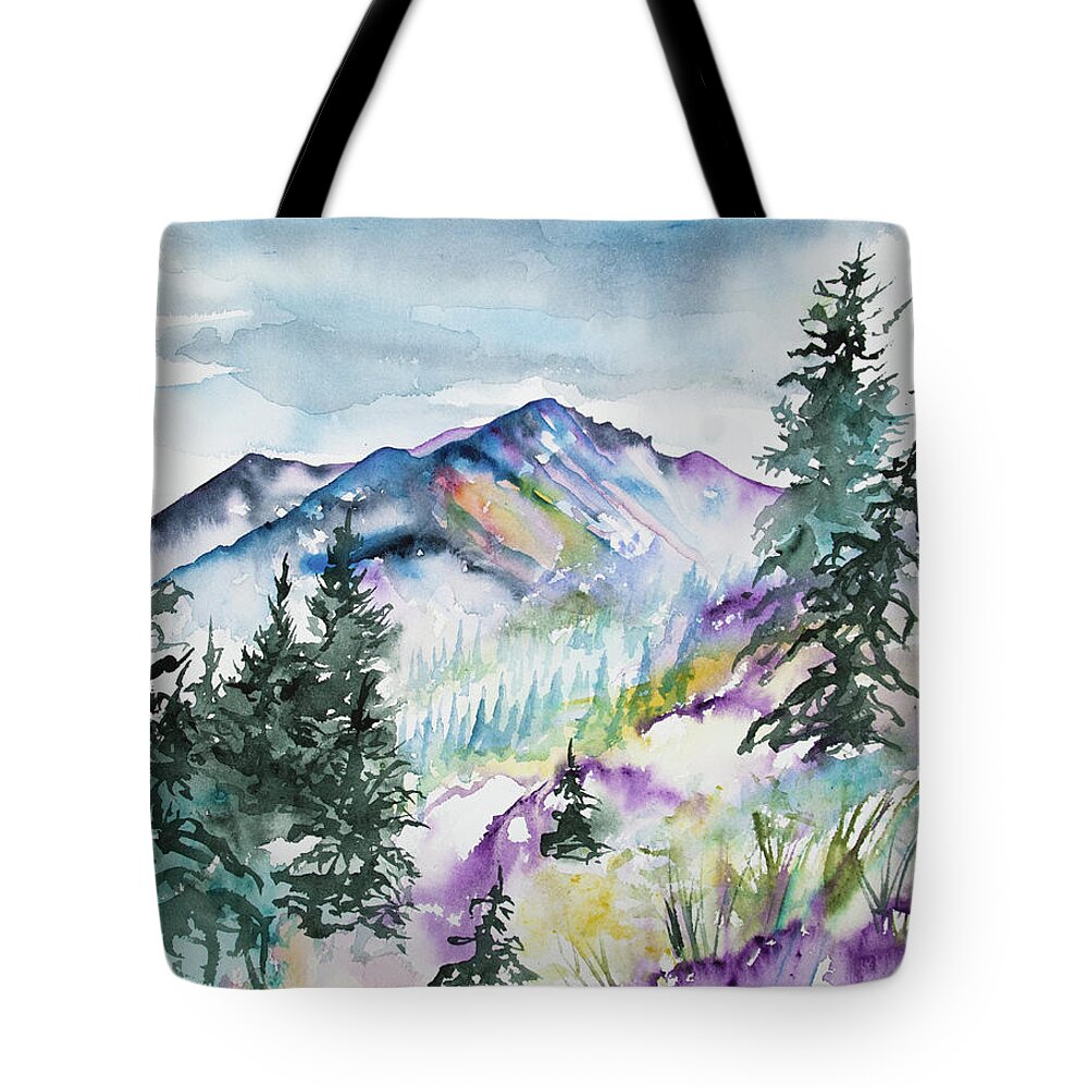 Long's Peak Tote Bag featuring the painting Watercolor - Long's Peak Summer Landscape by Cascade Colors