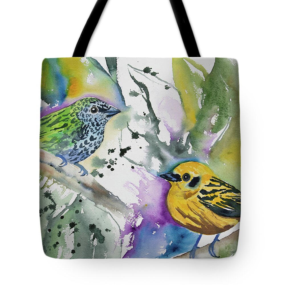Spotted Tanager Tote Bag featuring the painting Watercolor - Spotted Tanager and Golden Tanager by Cascade Colors