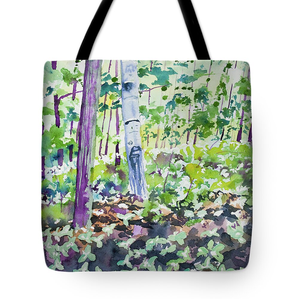 Trillium Tote Bag featuring the painting Watercolor - Spring Trillium in the Forest by Cascade Colors
