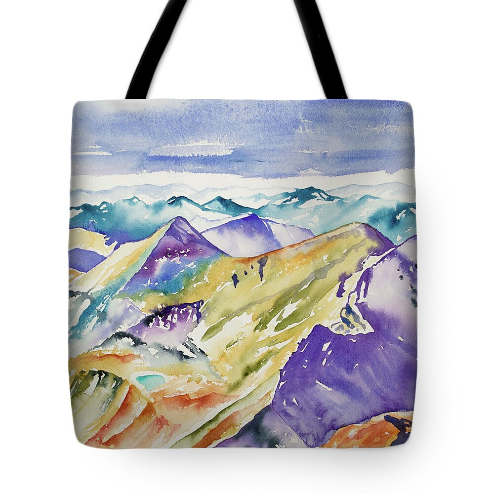 Belford Peak Tote Bag featuring the painting Watercolor - View from Belford Peak by Cascade Colors