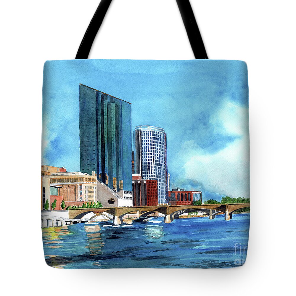 Grand Rapids Tote Bag featuring the painting Watercolors Grand Rapids, Michigan, Grand River, Amway Grand, Devos Hall by LeAnne Sowa