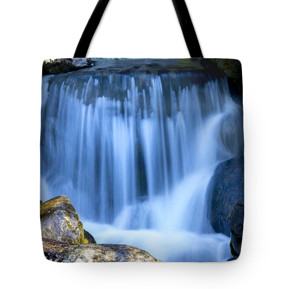 Waterfall Tote Bag featuring the photograph Waterfall at Dow Gardens, Midland Michigan by Pat Cook