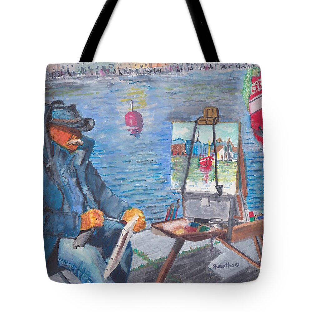 Watercolor Tote Bag featuring the painting Waterfront Artist by Quwatha Valentine