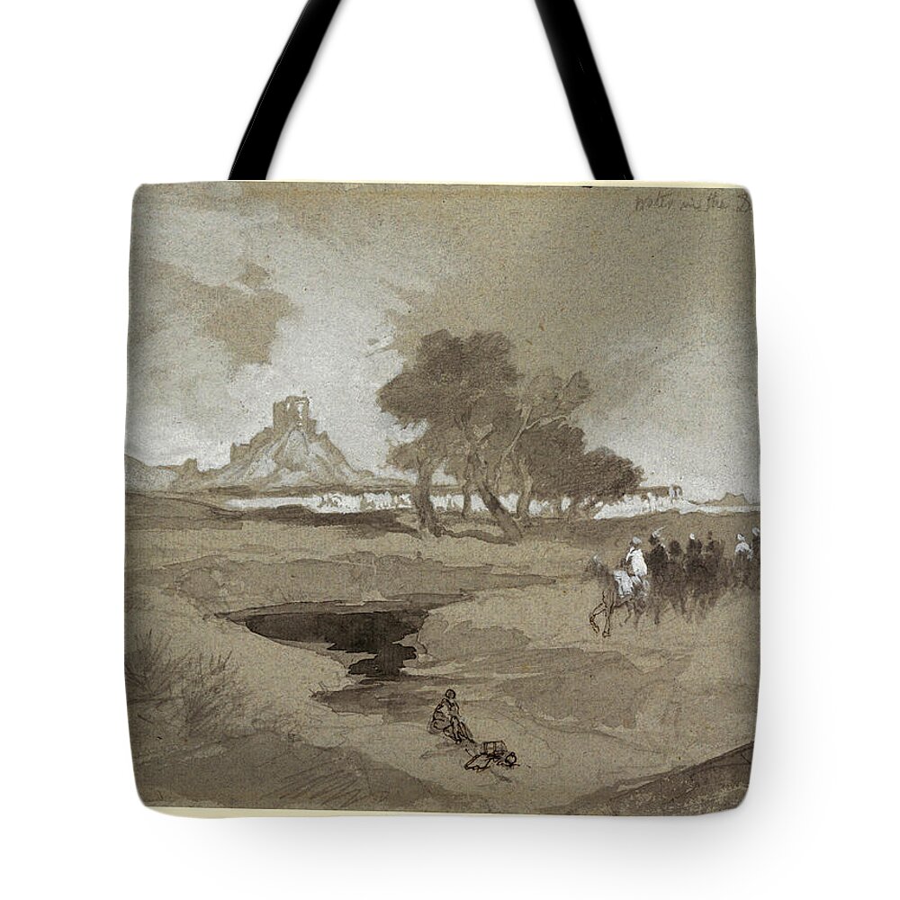Thomas Moran Tote Bag featuring the drawing Waterhole in the Desert, Utah, 1873 by Thomas Moran
