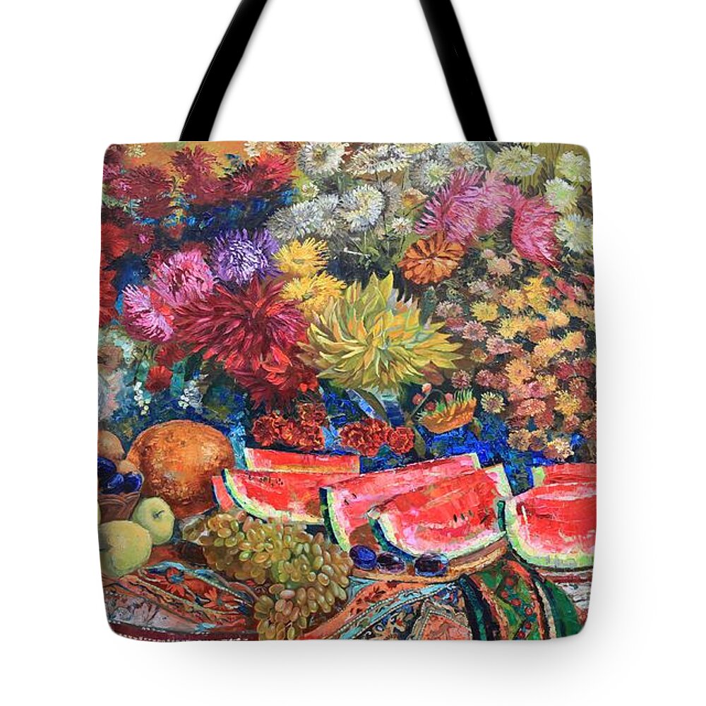Maya Gusarina Tote Bag featuring the painting Watermelon Symphony by Maya Gusarina
