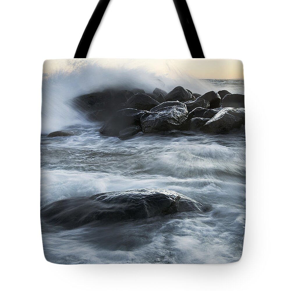 Wave Tote Bag featuring the photograph Wave Crashes Rocks 7835 by Steve Somerville