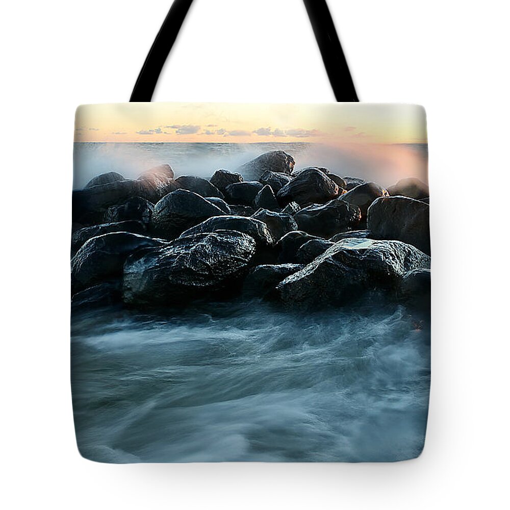 Wave Tote Bag featuring the photograph Wave Crashes Rocks 7941 by Steve Somerville