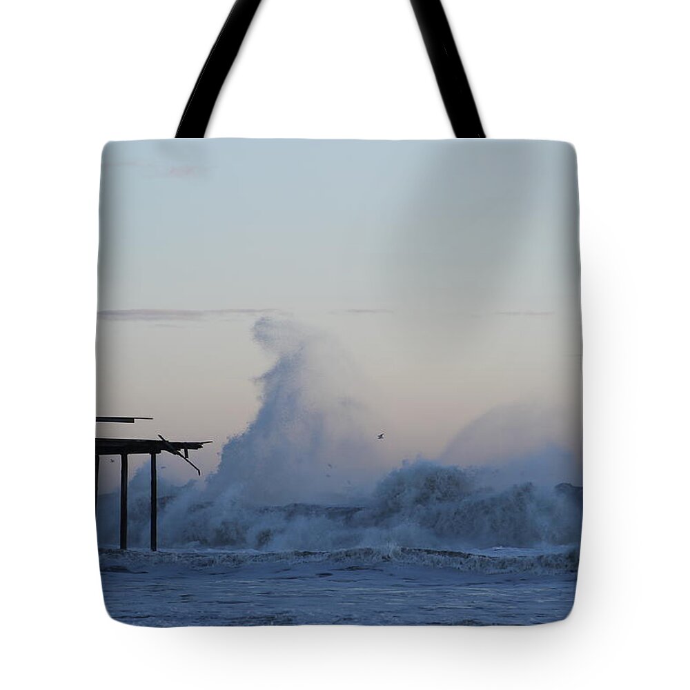 Water Tote Bag featuring the photograph Wave Towers Over OC Fishing Pier by Robert Banach
