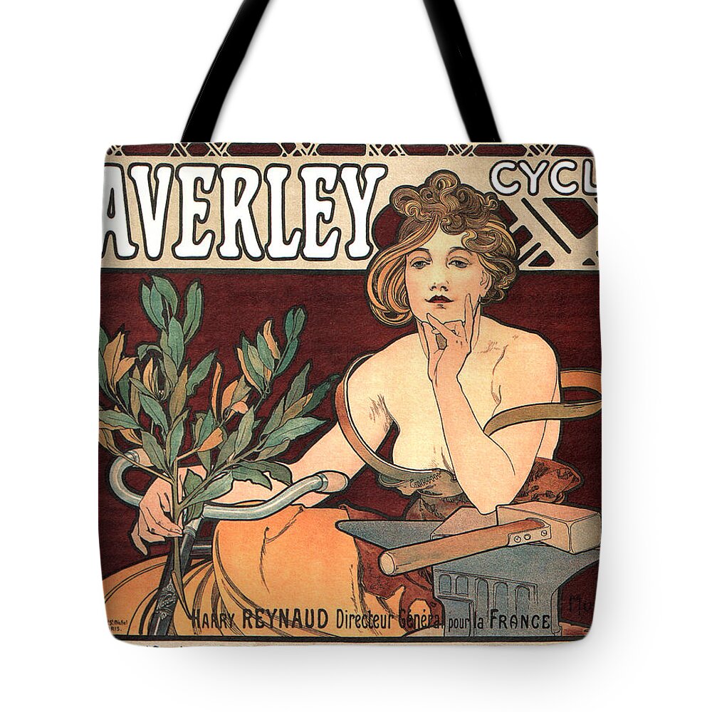 Vintage Tote Bag featuring the mixed media Waverley Cycles - Bicycle - Vintage French Advertising Poster by Studio Grafiikka