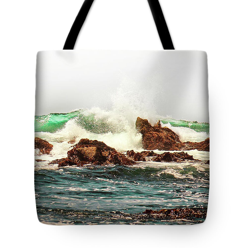 Waves Against The Rocks Tote Bag featuring the photograph Waves against the Rocks in Pacific Grove California by Artist and Photographer Laura Wrede