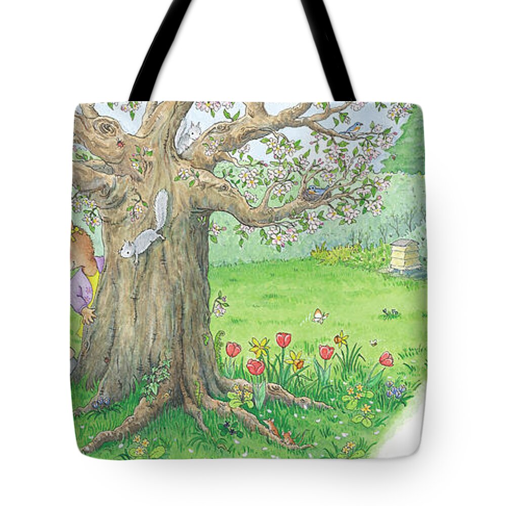 Breezy Bunnies Tote Bag featuring the painting We Have Ducklings by Our Tree -- With Text by June Goulding