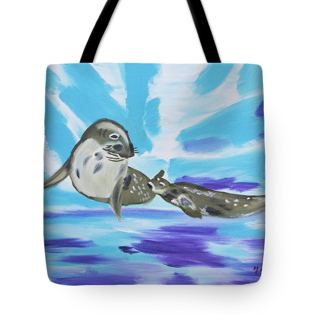 Weddell Seals Tote Bag featuring the painting Weddell Seals Underneath Ice by Meryl Goudey