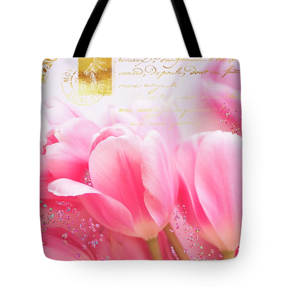 Wedding In Paris Tote Bag featuring the painting Wedding in Paris pink tulips, golden elements by Tina Lavoie