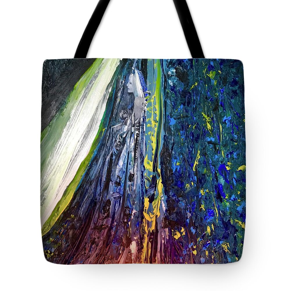 Woman; Women; Spiritual; Meditation; Lumination; Ceremony; Sacred; Nature; Native American; Cosmic; Metaphysical; Universe; Landscape; Garden; Tote Bag featuring the painting Wednesday Turned Into Thursday by Kicking Bear Productions