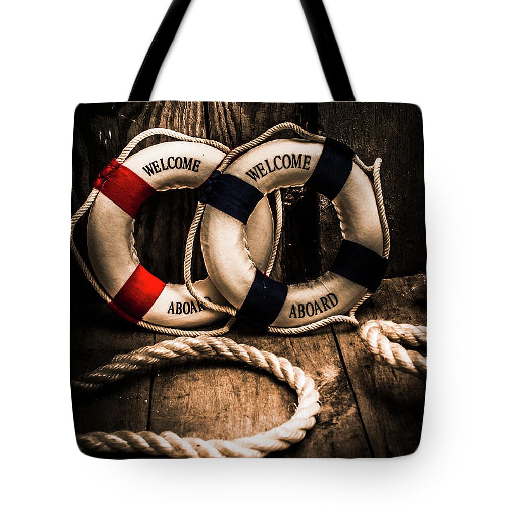 Lifebuoy Tote Bag featuring the photograph Welcome aboard the dark cruise line by Jorgo Photography