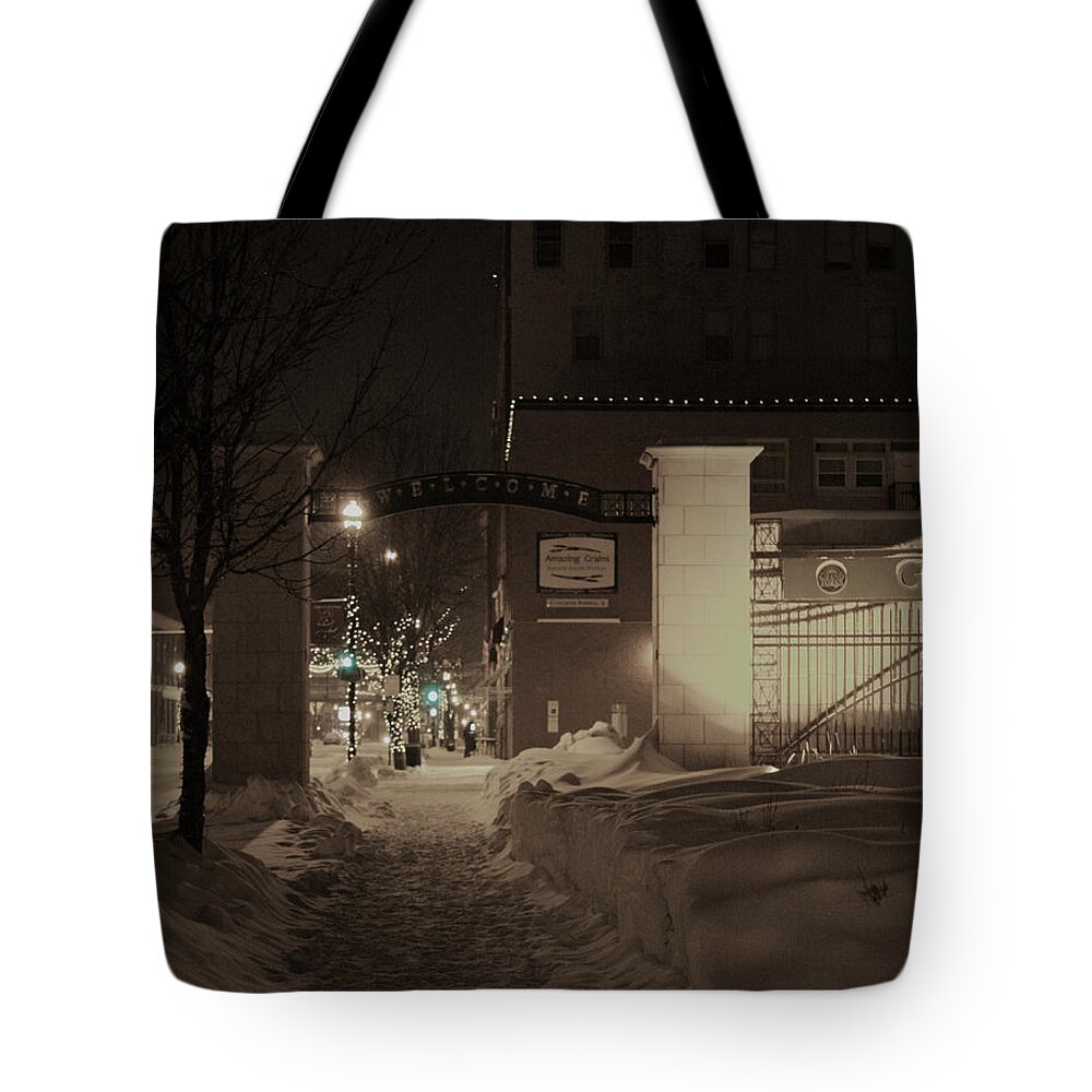 Downtown Grand Forks North Dakota Winter Tote Bag featuring the photograph Welcome to Grand Forks by Jana Rosenkranz