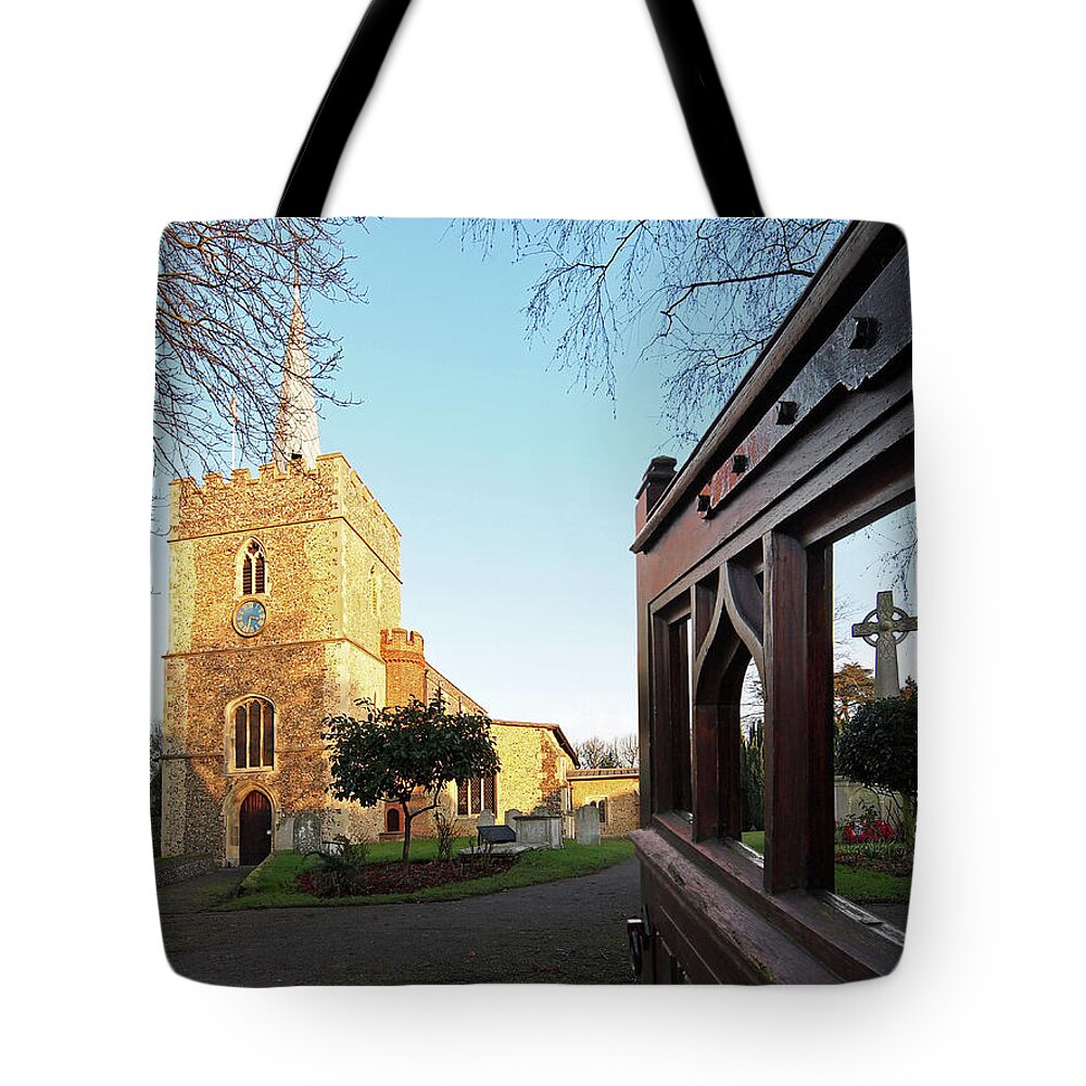 Gt St Marys Tote Bag featuring the photograph Welcome to Gt St Mary's Church Sawbridgeworth by Gill Billington