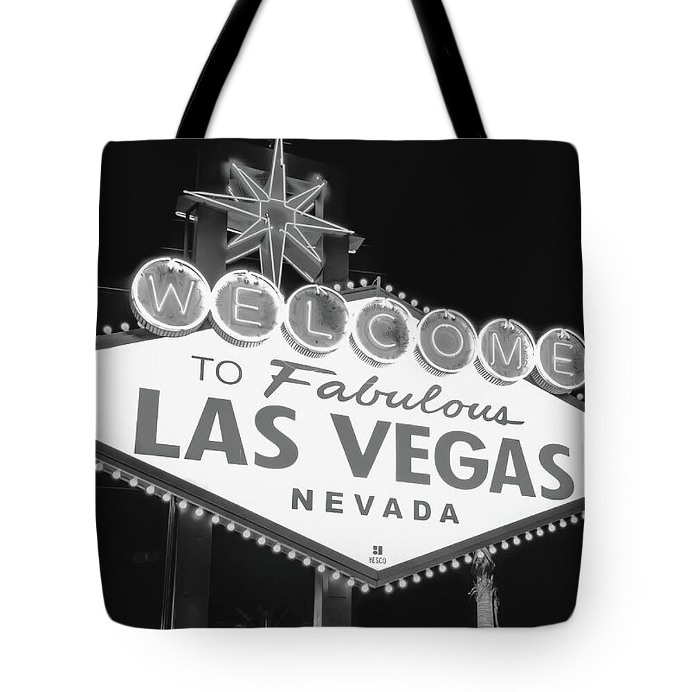 Las Vegas Sign Tote Bag featuring the photograph Welcome to Las Vegas Neon Sign - Nevada USA - Black and White by Gregory Ballos