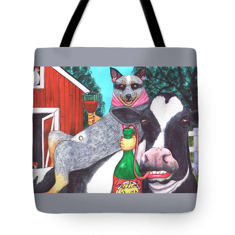 Wine Tote Bag featuring the painting We'll be wining til all the cows come home by Catherine G McElroy
